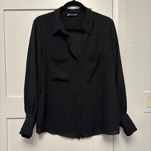 Zara Black Button-Up Semi-Sheer Blouse